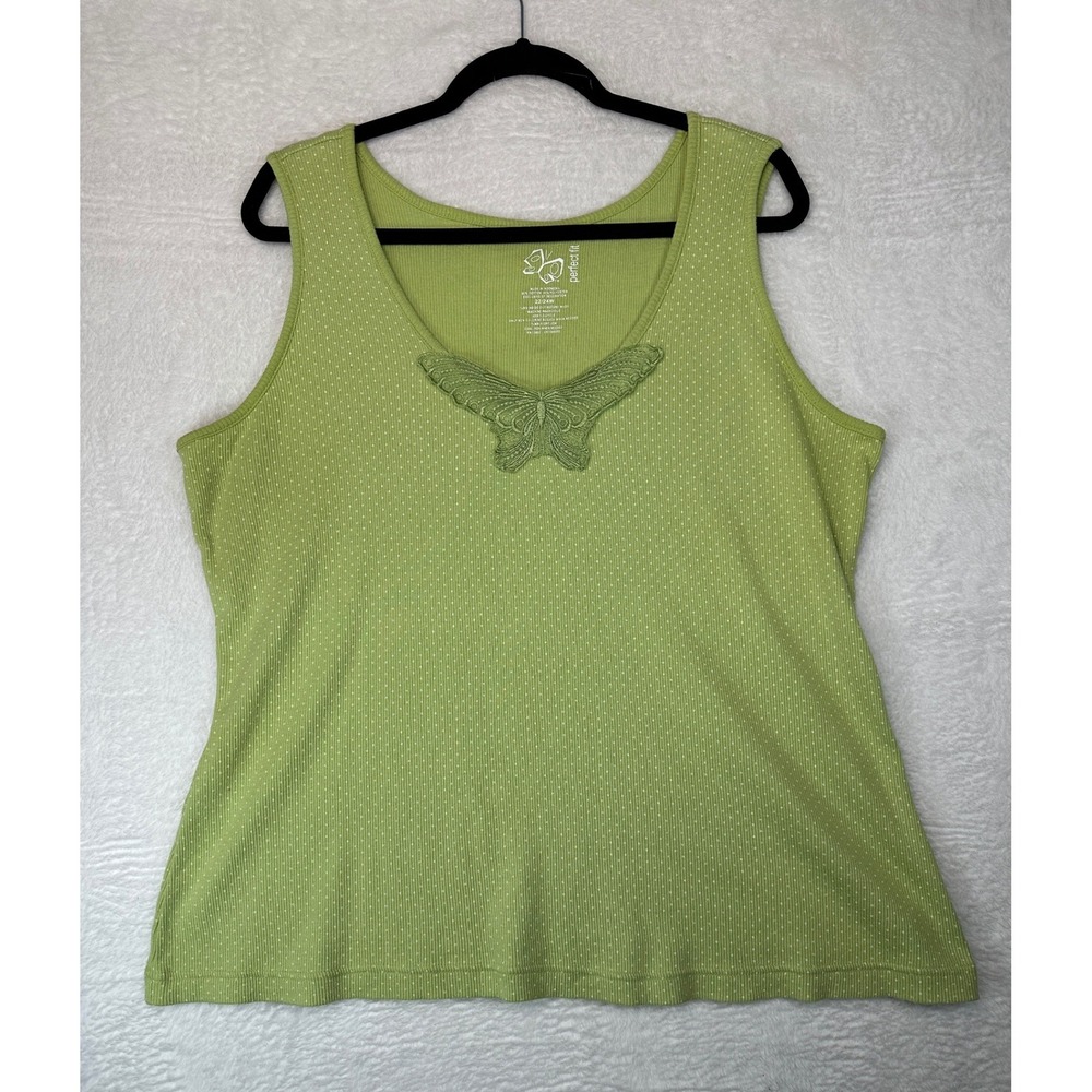 Perfect Fit Butterfly Tank Top Womens 22/24W Green Polka Dot Ribbed Sleeveless